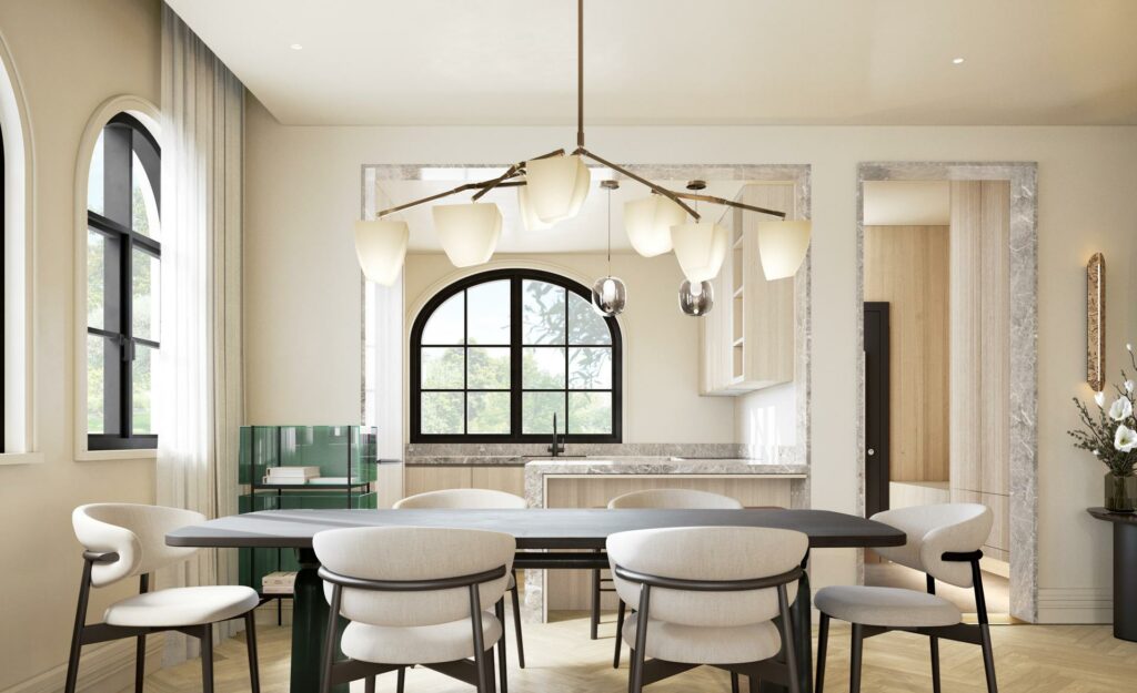 The dining area, adorned with lighting fixtures reminiscent of magnolia shapes, offers captivating views of the surrounding gardens, while a serene colour palette evokes a sense of timeless tranquillity.
